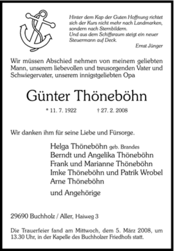Traueranzeige von Günter Thöneböhn von KREISZEITUNG SYKE