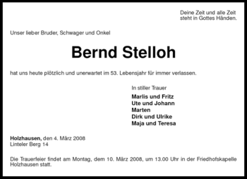 Traueranzeige von Bernd Stelloh von KREISZEITUNG SYKE