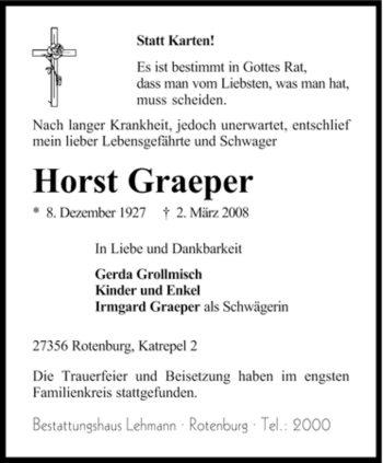 Traueranzeige von Horst Graeper von KREISZEITUNG SYKE