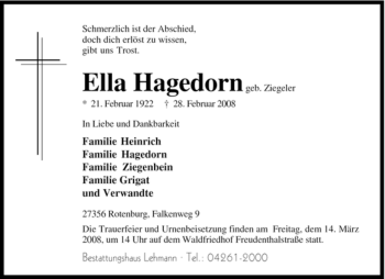 Traueranzeige von Ella Hagedorn von KREISZEITUNG SYKE