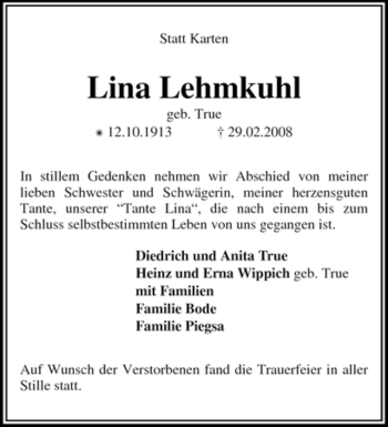 Traueranzeige von Lina Lehmkuhl von KREISZEITUNG SYKE