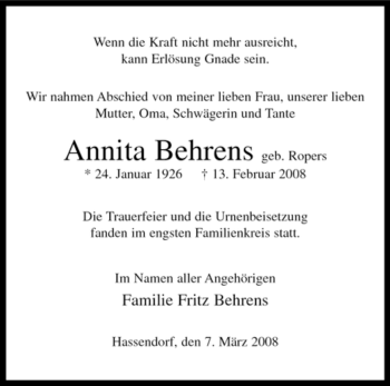 Traueranzeige von Annita Behrens von KREISZEITUNG SYKE