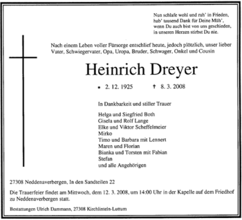 Traueranzeige von Heinrich Dreyer von KREISZEITUNG SYKE