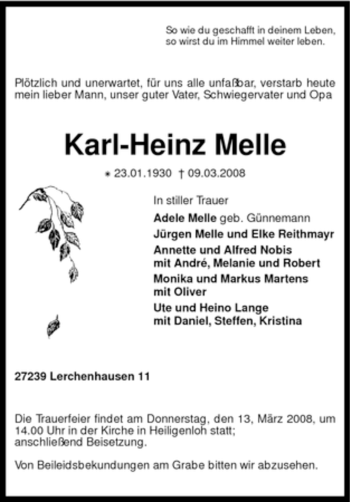 Traueranzeige von Karl-Heinz Melle von KREISZEITUNG SYKE