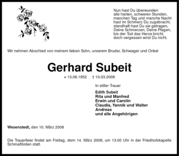 Traueranzeige von Gerhard Subeit von KREISZEITUNG SYKE