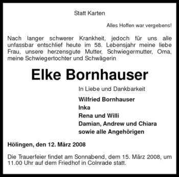 Traueranzeige von Elke Bornhauser von KREISZEITUNG SYKE