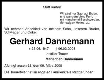 Traueranzeige von Gerhard Dannemann von KREISZEITUNG SYKE