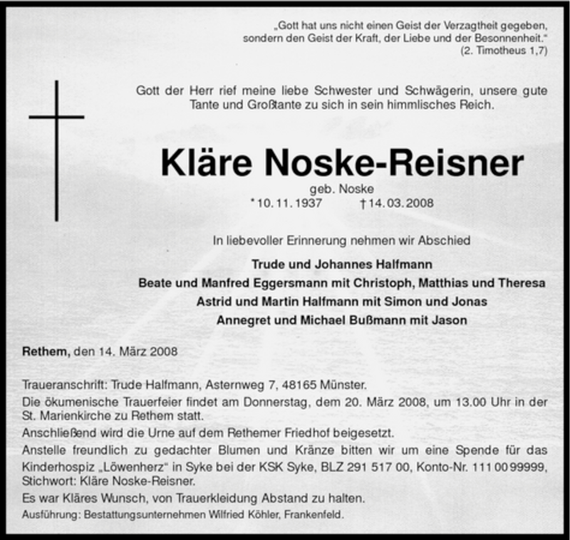  Traueranzeige für Kläre Noske-Reisner vom 17.03.2008 aus KREISZEITUNG SYKE