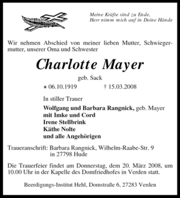 Traueranzeige von Charlotte Mayer von KREISZEITUNG SYKE