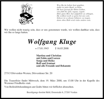 Traueranzeige von W olfgang Kluge von KREISZEITUNG SYKE