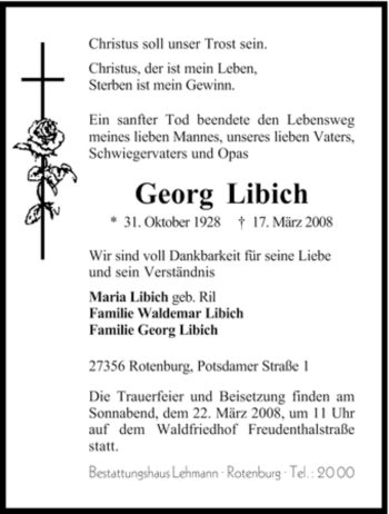 Traueranzeige von Georg Libich von KREISZEITUNG SYKE