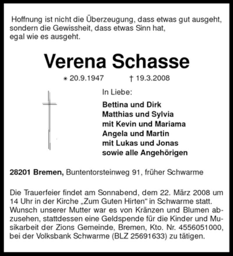  Traueranzeige für Verena Schasse vom 20.03.2008 aus KREISZEITUNG SYKE