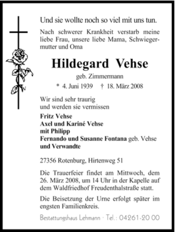 Traueranzeige von Hildegard Vehse von KREISZEITUNG SYKE