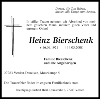 Traueranzeige von Heinz Bierschenk von KREISZEITUNG SYKE