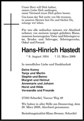 Traueranzeige von Hans-Hinrich Hastedt von KREISZEITUNG SYKE