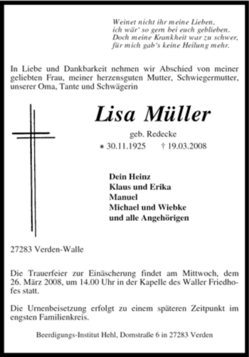 Traueranzeige von Lisa Müller von KREISZEITUNG SYKE