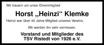 Traueranzeige von Horst Klemke von KREISZEITUNG SYKE