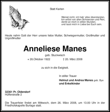 Traueranzeige von Anneliese Manes von KREISZEITUNG SYKE