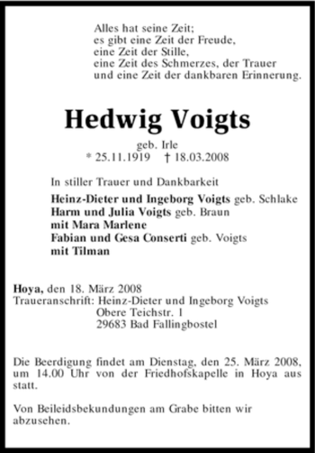 Traueranzeige von Hedwig Voigts von KREISZEITUNG SYKE