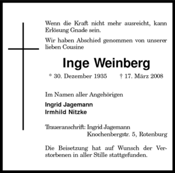 Traueranzeige von Inge Weinberg von KREISZEITUNG SYKE