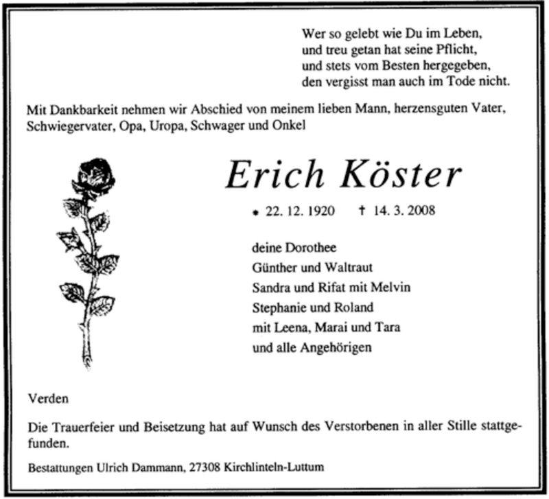  Traueranzeige für Erich Köster vom 22.03.2008 aus KREISZEITUNG SYKE