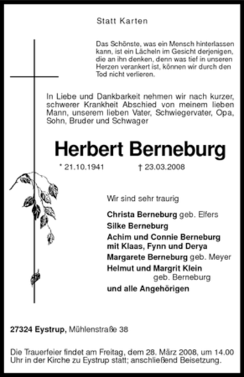 Traueranzeige von Herbert Berneburg von KREISZEITUNG SYKE