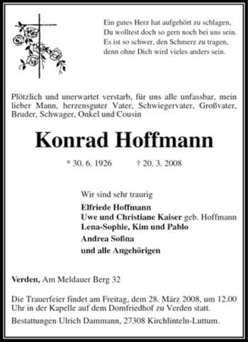 Traueranzeige von Konrad Hoffmann von KREISZEITUNG SYKE