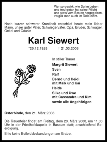 Traueranzeige von Karl Siewert von KREISZEITUNG SYKE