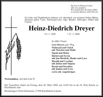 Traueranzeige von Heinz-Diedrich Dreyer von KREISZEITUNG SYKE