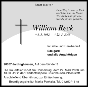 Traueranzeige von William Reck von KREISZEITUNG SYKE