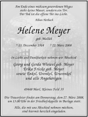 Traueranzeige von Helene Meyer von KREISZEITUNG SYKE