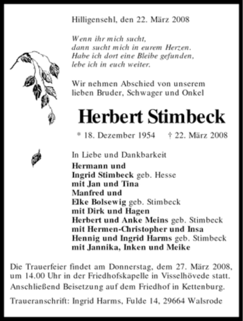 Traueranzeige von Herbert Stimbeck von KREISZEITUNG SYKE