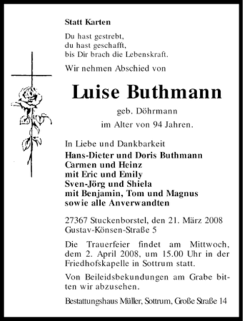 Traueranzeige von Luise Buthmann von KREISZEITUNG SYKE