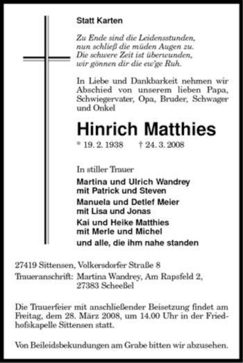 Traueranzeige von Hinrich Matthies von KREISZEITUNG SYKE