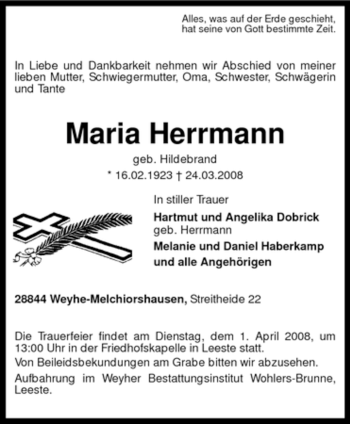 Traueranzeige von Maria Herrmann von KREISZEITUNG SYKE