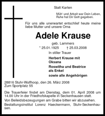 Traueranzeige von Adele Krause von KREISZEITUNG SYKE