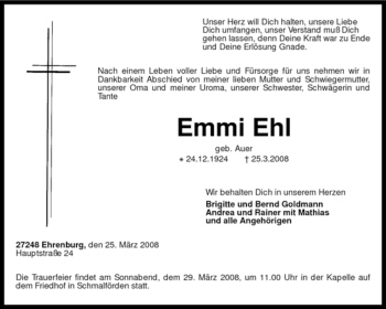 Traueranzeige von Emmi Ehl von KREISZEITUNG SYKE