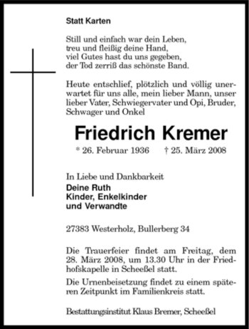 Traueranzeige von Friedrich Kremer von KREISZEITUNG SYKE