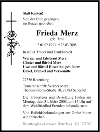 Traueranzeige von Frieda Merz von KREISZEITUNG SYKE