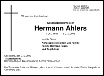 Traueranzeige von Hermann Ahlers von KREISZEITUNG SYKE