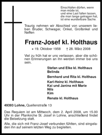 Traueranzeige von Franz-Josef kl. Holthaus von KREISZEITUNG SYKE