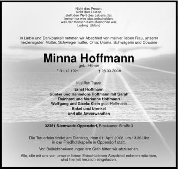 Traueranzeige von Minna Hoffmann von KREISZEITUNG SYKE