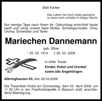 Traueranzeige von Mariechen Dannemann von KREISZEITUNG SYKE