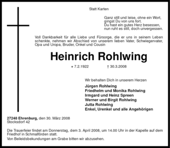 Traueranzeige von Heinrich Rohlwing von KREISZEITUNG SYKE