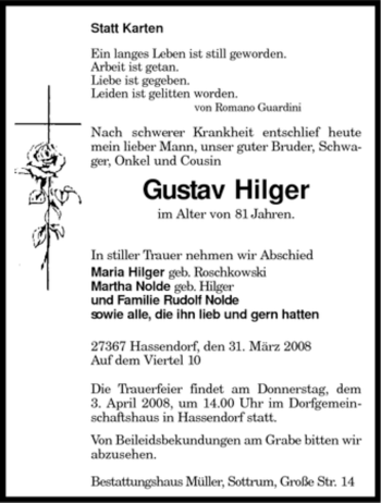 Traueranzeige von Gustav Hilger von KREISZEITUNG SYKE