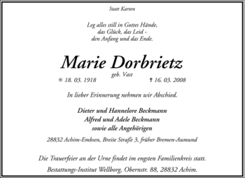 Traueranzeige von Marie Dorbrietz von KREISZEITUNG SYKE