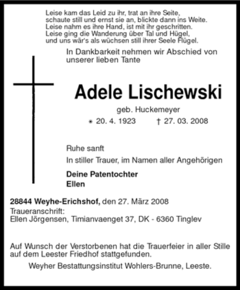 Traueranzeige von Adele Lischewski von KREISZEITUNG SYKE