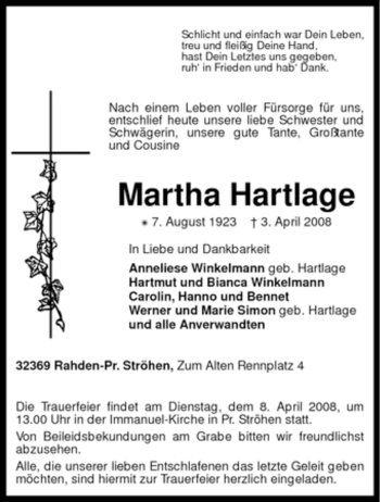 Traueranzeige von Martha Hartlage von KREISZEITUNG SYKE