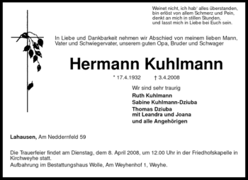 Traueranzeige von Hermann Kuhlmann von KREISZEITUNG SYKE