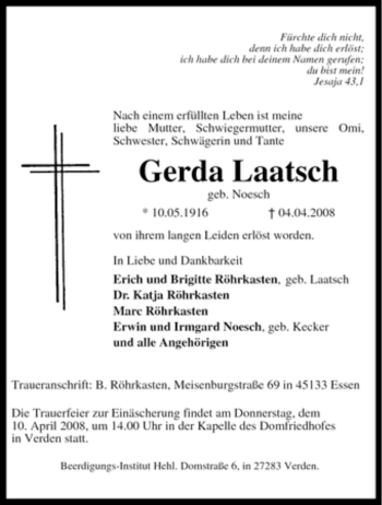 Traueranzeige von Gerda Laatsch von KREISZEITUNG SYKE